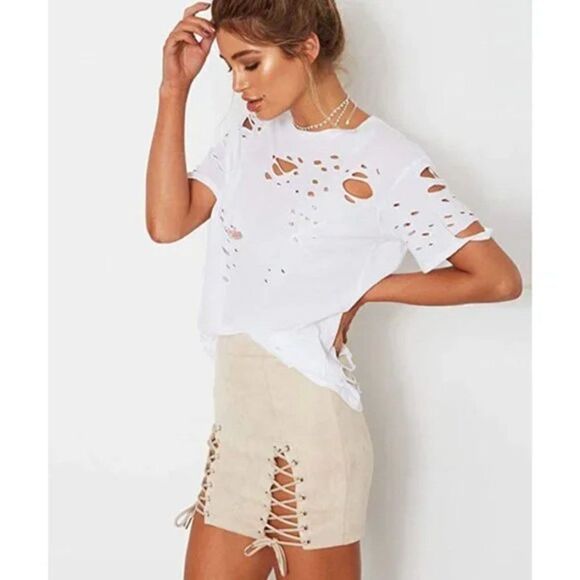 White Faux Suede High Waist Lace Up Corset Bodycon Stretch Short Mini Skirt - Picture 3 of 7